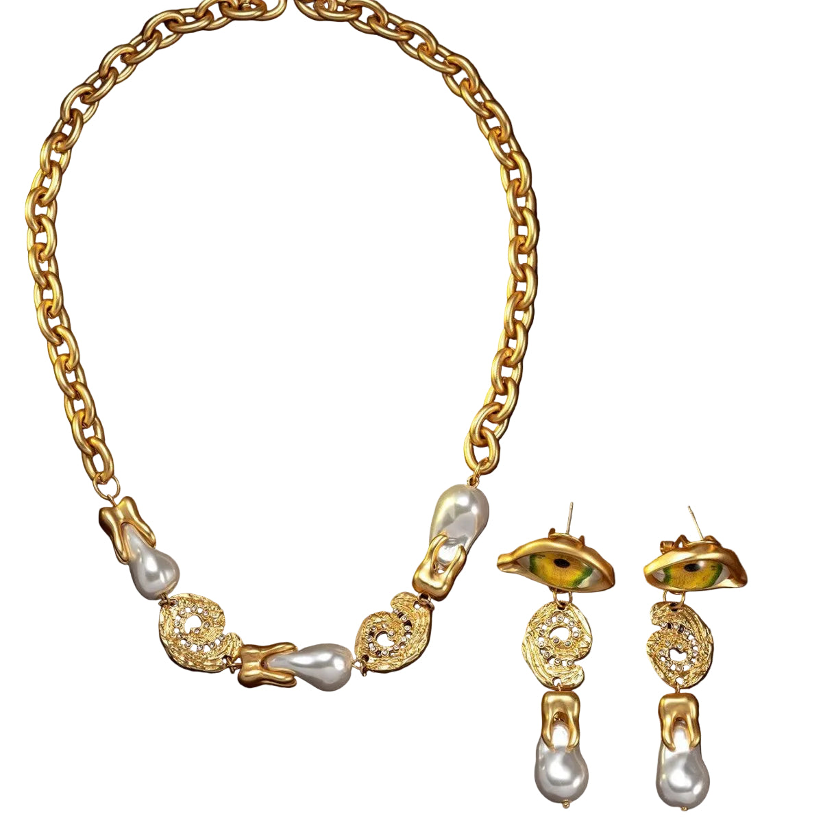 Devil's Eye Gothic Necklace and Earrings Set full view, antique gold finish