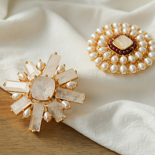 Vintage-Inspired Natural Rock Crystal & Freshwater Pearl Statement Brooch - 18K Gold Plated Brass, Baroque Style Art Deco Jewelry