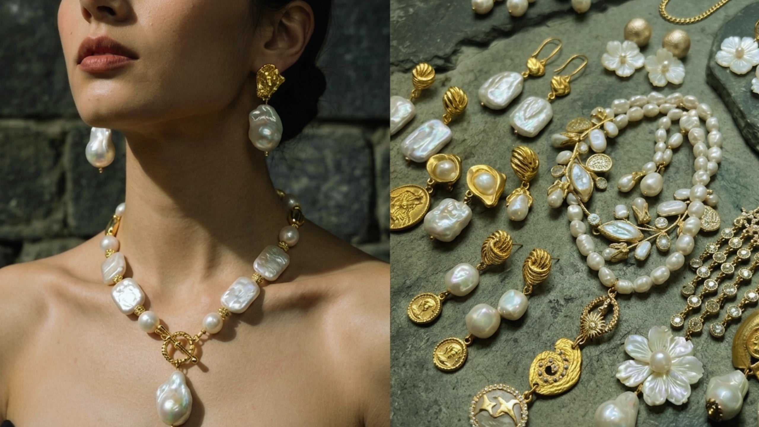 Elegant model wearing natural baroque pearl necklace and earrings, alongside a display of baroque pearl rings, earrings, and necklaces by The Civilis