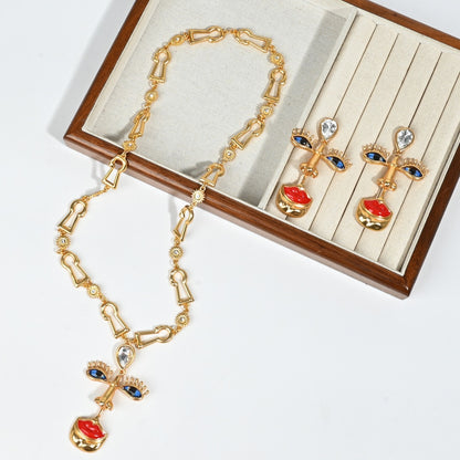 Surrealist Muse eye and lip jewelry set styled lifestyle shot, gold plated earrings and necklace by The Civilis