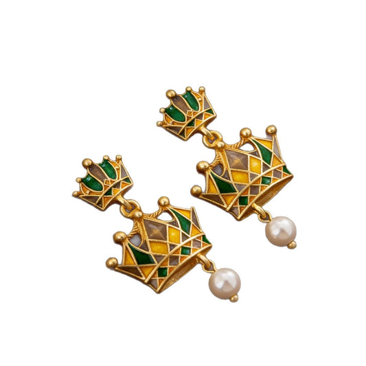 Imperial Crown Enamel Drop Earrings on white background, 18K gold-plated zinc alloy with colorful enamel mosaic and faux pearl