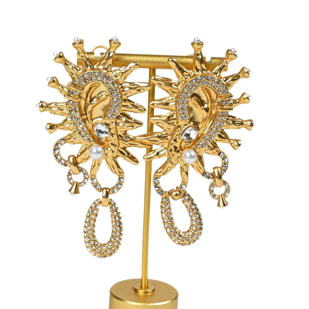 Vintage Sun God stud earrings in 18K gold plated finish with crystal accents, full product view on white background