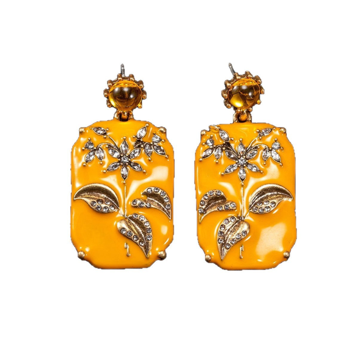 Yellow earrings on white background, full view
