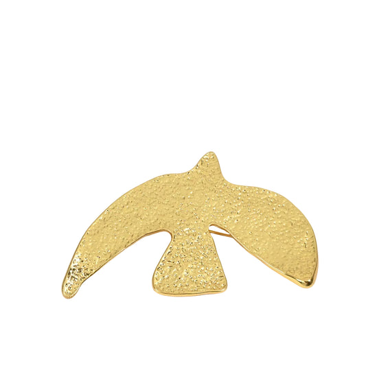 Golden Echoes hammered brass peace dove brooch in 18K gold plated finish with Forever engraving, full product view on white background

