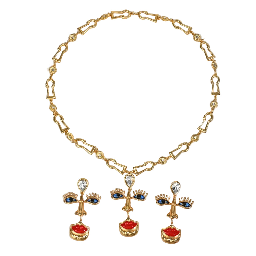 Surrealist Muse jewelry set featuring anatomical eye earrings and crimson lip necklace, full set view on white background, 18K gold plated