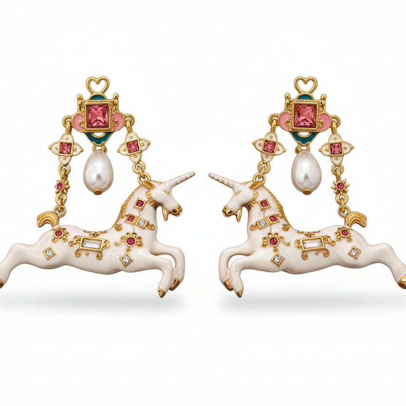Vintage unicorn earrings detail showing pink gem, turquoise accents and gold framework