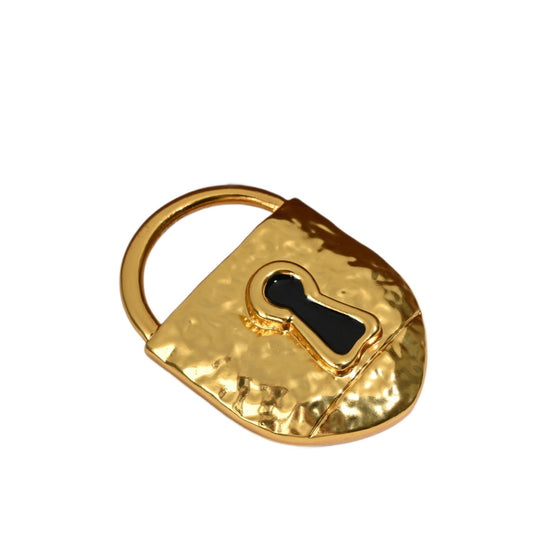 18K gold plated brass lock brooch surrealist statement piece, full product view on white background