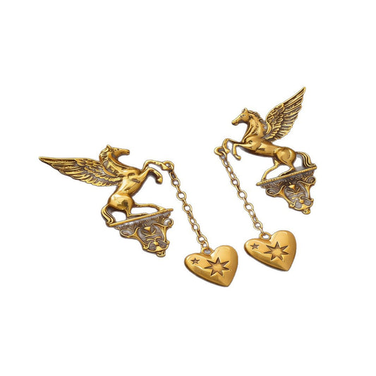 Vintage Pegasus Winged Horse Drop Earrings on white background, 18K gold-plated brass with S925 silver post