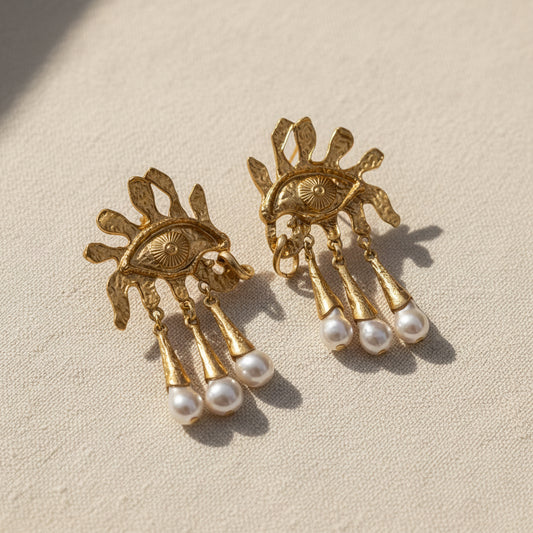 Vintage Pegasus Winged Horse Drop Earrings on white background, 18K gold-plated brass with S925 silver post