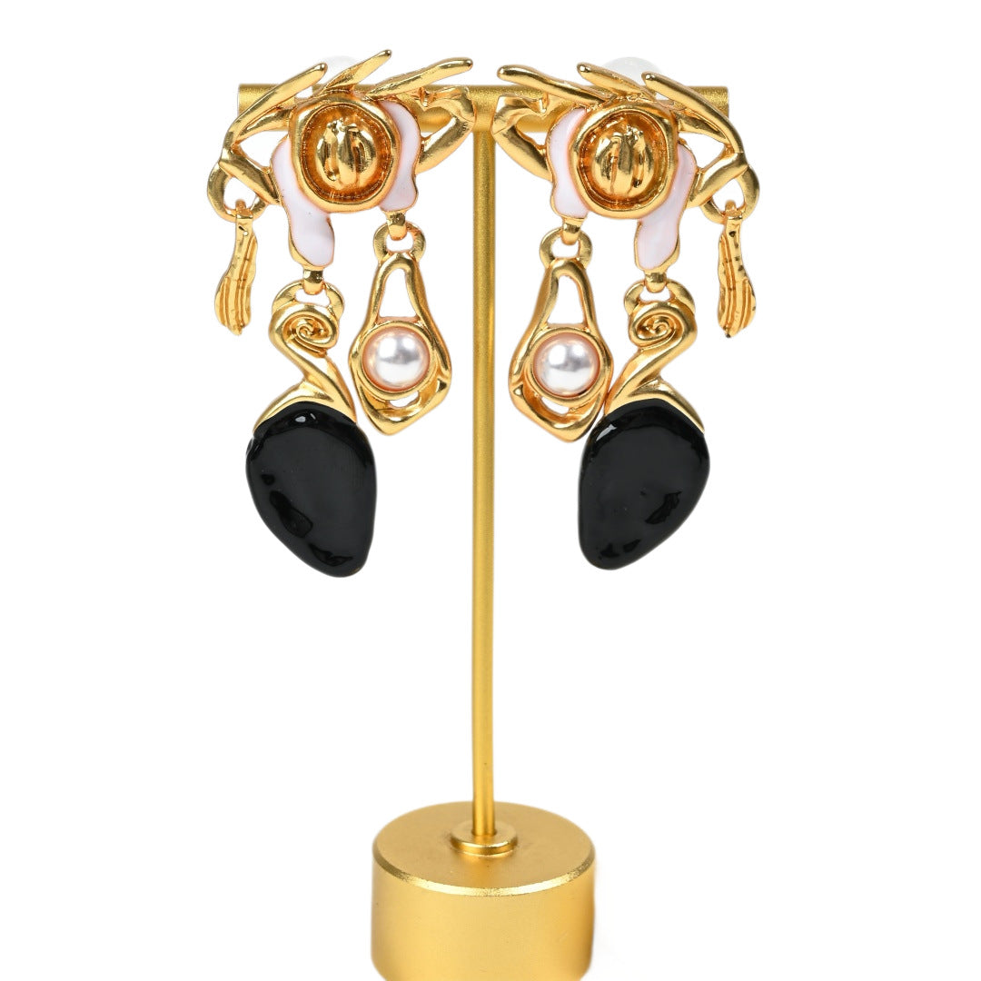 Baroque asymmetric crown and midnight resin drop earrings, full product view on white background, 18K gold plated
