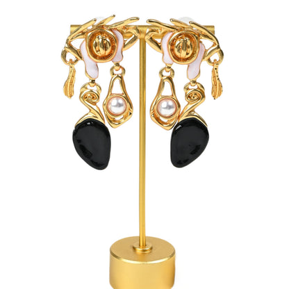 Baroque asymmetric crown and midnight resin drop earrings, full product view on white background, 18K gold plated

