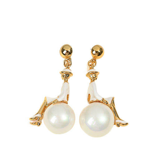 Ballerina on a pearl drop French vintage whimsical figural earrings, full product view on white background