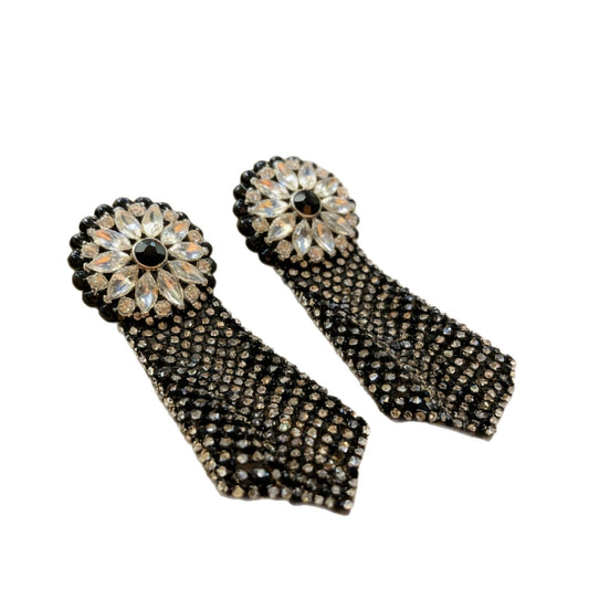 Midnight Dahlia crystal tassel earrings with vintage glamour mesh drop, full product view on white background