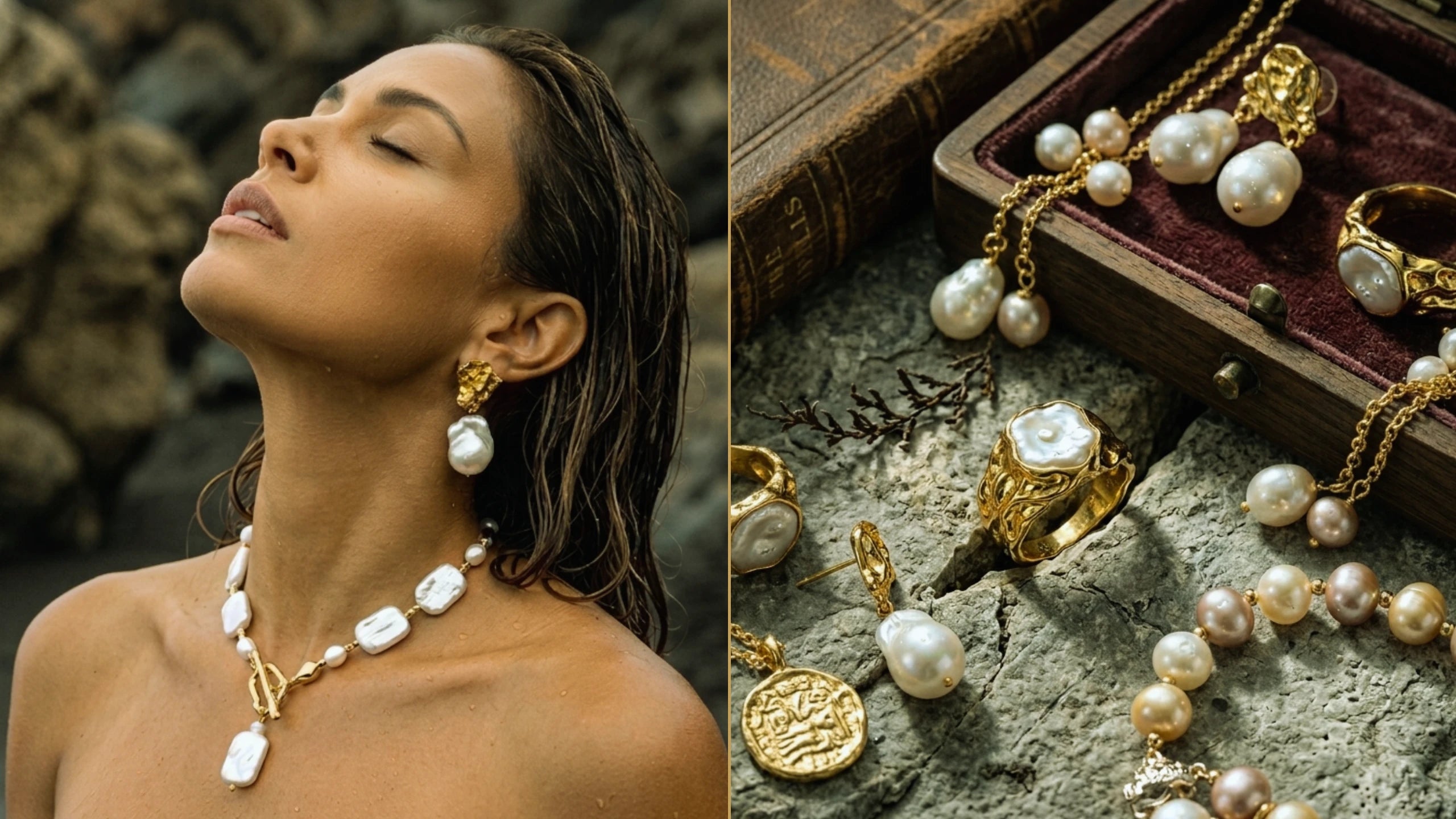 Model with warm skin tone wearing surrealist baroque pearl earrings and necklace, alongside a curated display of natural pearl jewelry by The Civilis