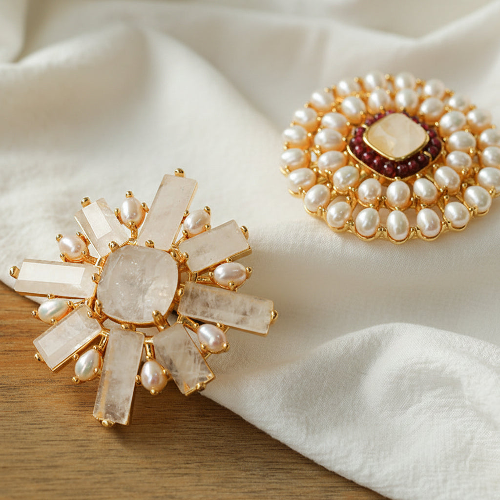 Art Deco Crystal & Pearl Brooch – both styles on soft beige fabric background | The Civilis
