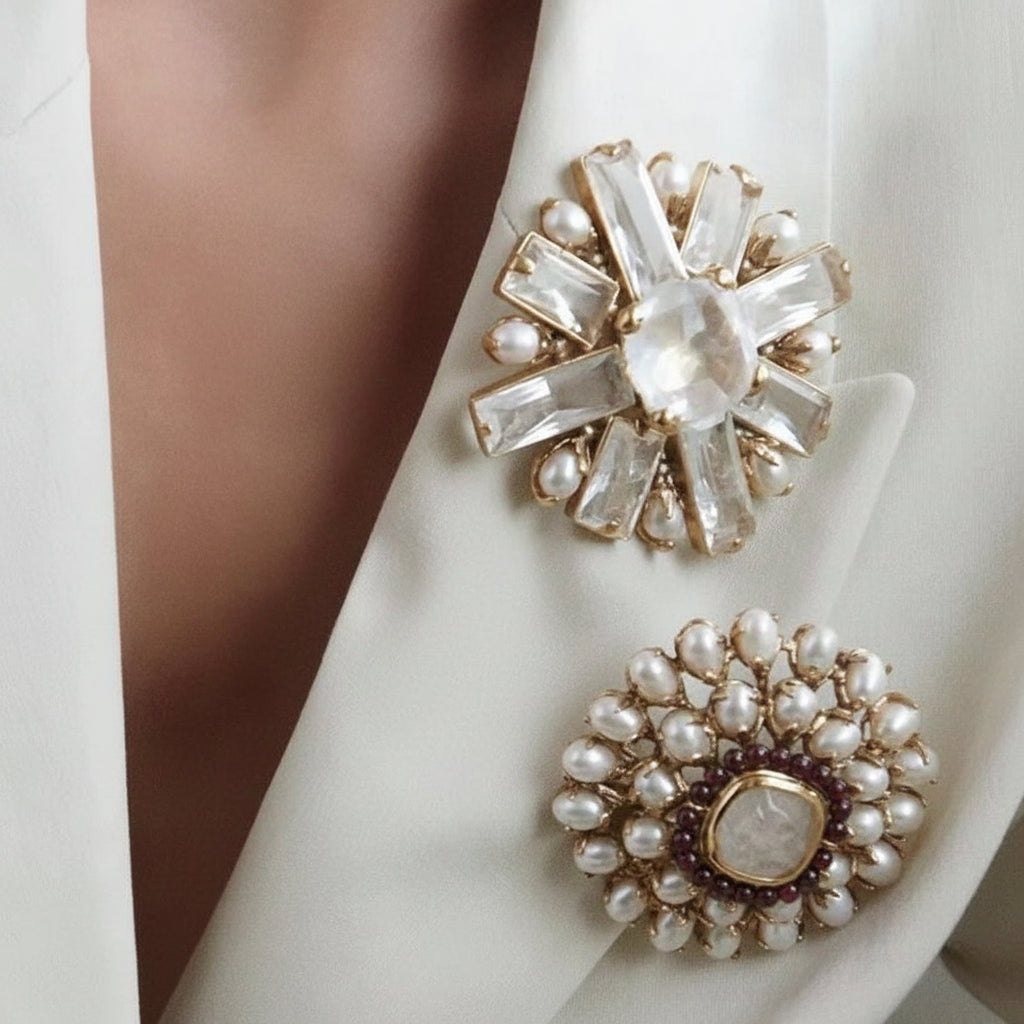 Art Deco Crystal & Pearl Brooch – both styles worn on model, styled on lapel | The Civilis
