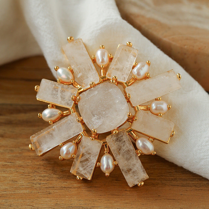 Art Deco Crystal Brooch – Celestial Solstice style, natural rock crystal display | The Civilis