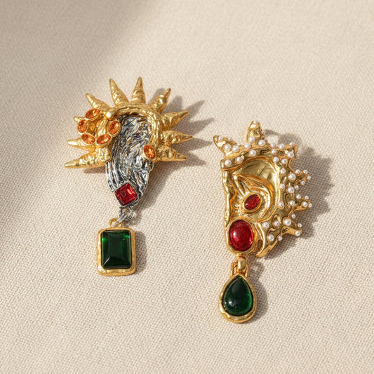 Surrealist asymmetric statement earrings in 18K gold plated finish, full product view 
