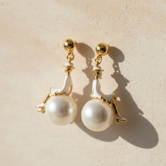 Ballerina on a pearl drop French vintage whimsical figural earrings, full product view 