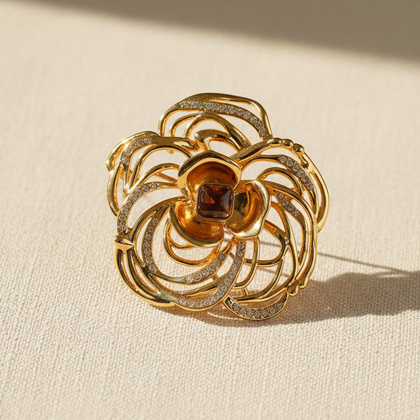Elegant gold flower brooch for women, vintage market style luxury accessory.