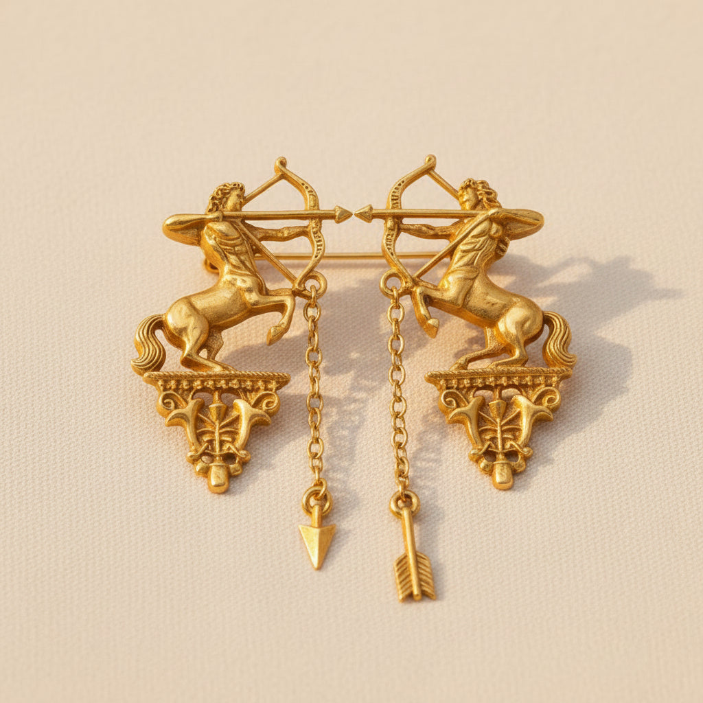 Vintage Centaur Archer Dangle Earrings full view, 18K gold plated chain drop statement jewelry