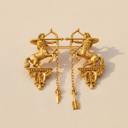 Vintage Centaur Archer Dangle Earrings full view, 18K gold plated chain drop statement jewelry