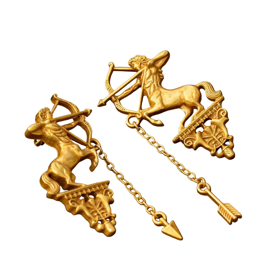 Vintage Centaur Archer Dangle Earrings close-up detail, centaur archer figure with chain drop