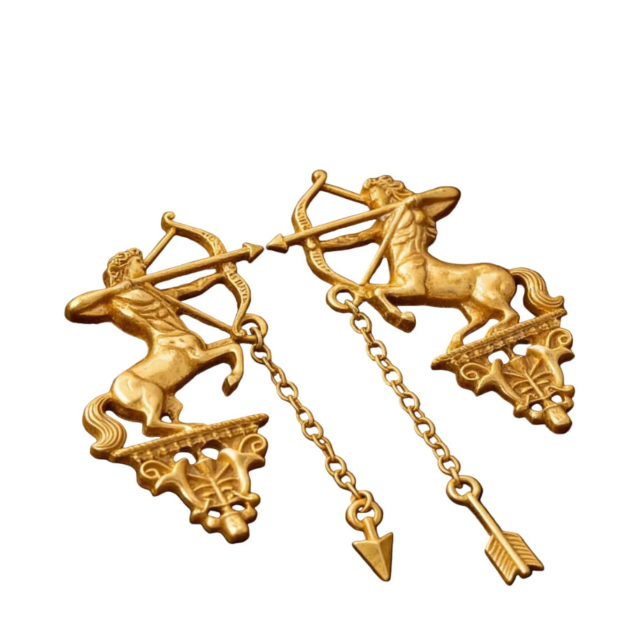 Vintage Centaur Archer Dangle Earrings detail shot, 18K gold plated zinc alloy craftsmanship