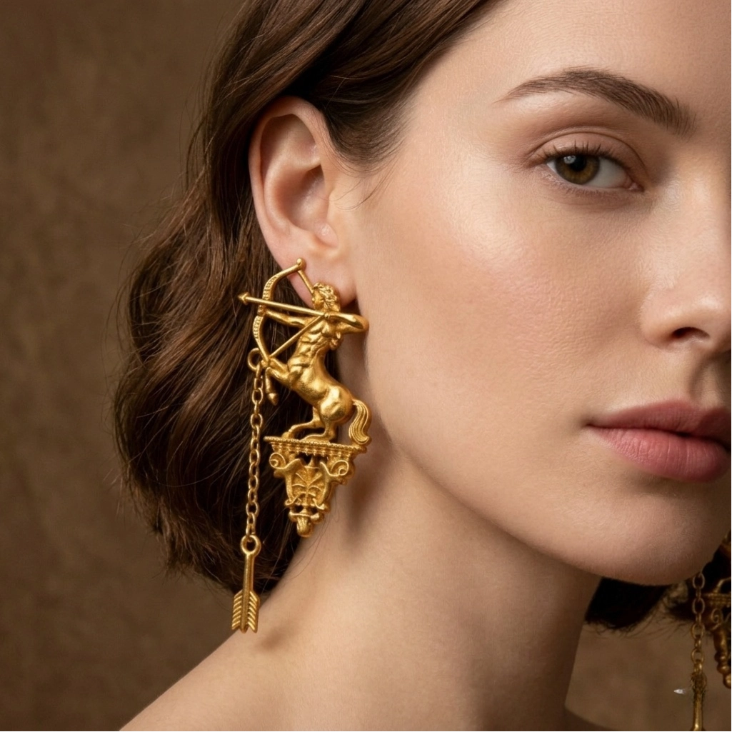 Vintage Centaur Archer Dangle Earrings worn by model, lifestyle photo showing statement jewelry