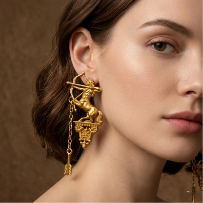Vintage Centaur Archer Dangle Earrings worn by model, lifestyle photo showing statement jewelry