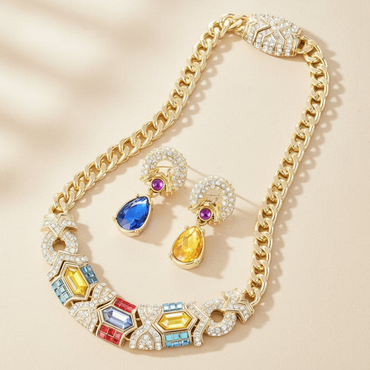 Mosaic Dreamcatcher Jewelry , 18K gold-plated copper necklace and teardrop crystal earrings