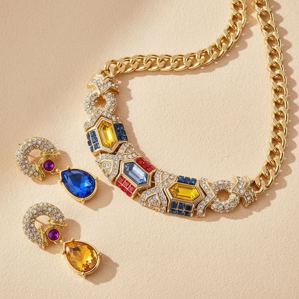 Detail view of Dreamcatcher Mosaic Statement Set, multi-color baguette crystals and A-grade rhinestones, bohemian geometric design