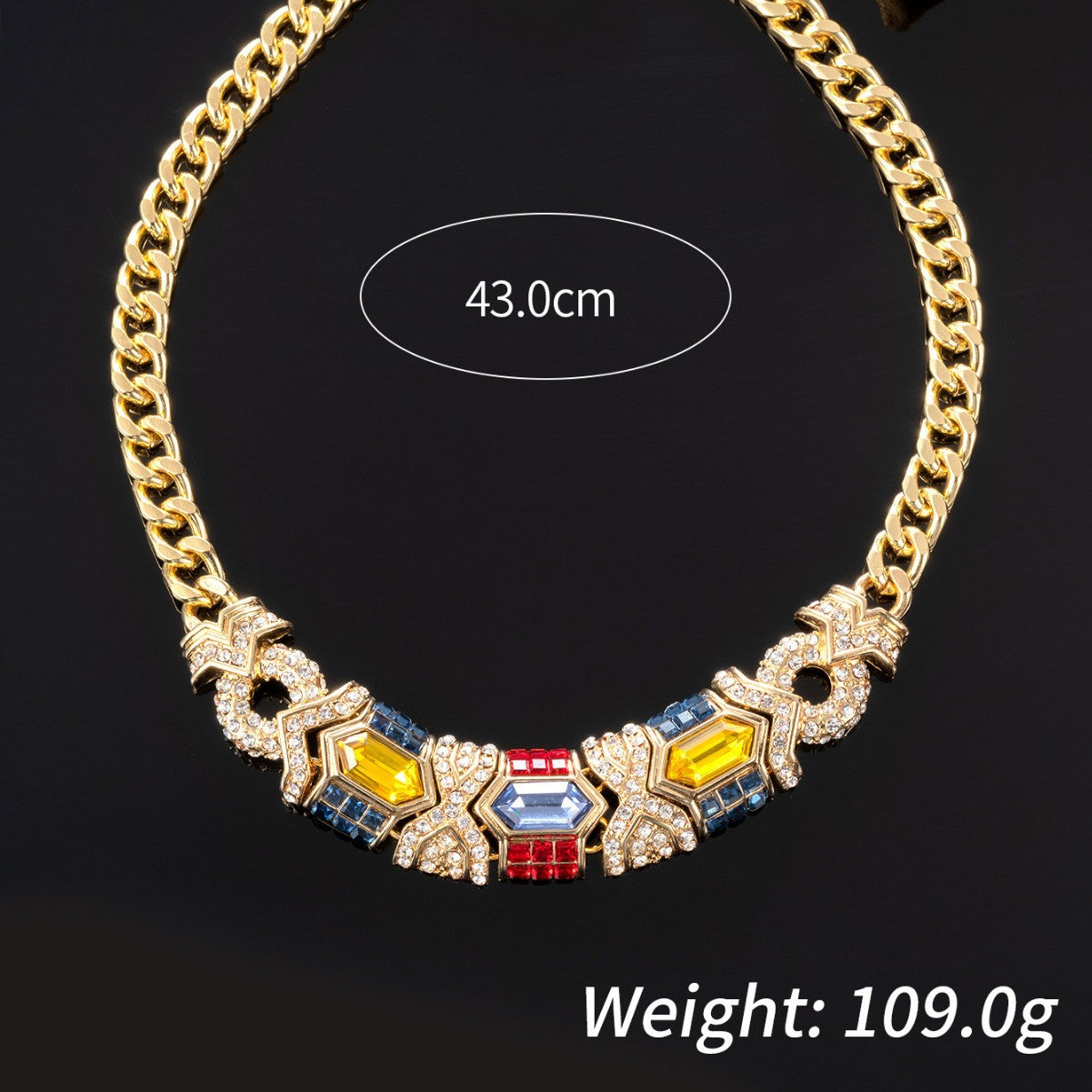 Dreamcatcher statement necklace size chart, 43cm chain length, 109g heavyweight luxury, 18K gold electroplated finish