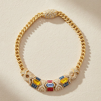 Close-up of Mosaic Dreamcatcher necklace, hand-selected A-grade rhinestones and vibrant crystals, 18K gold-plated copper alloy