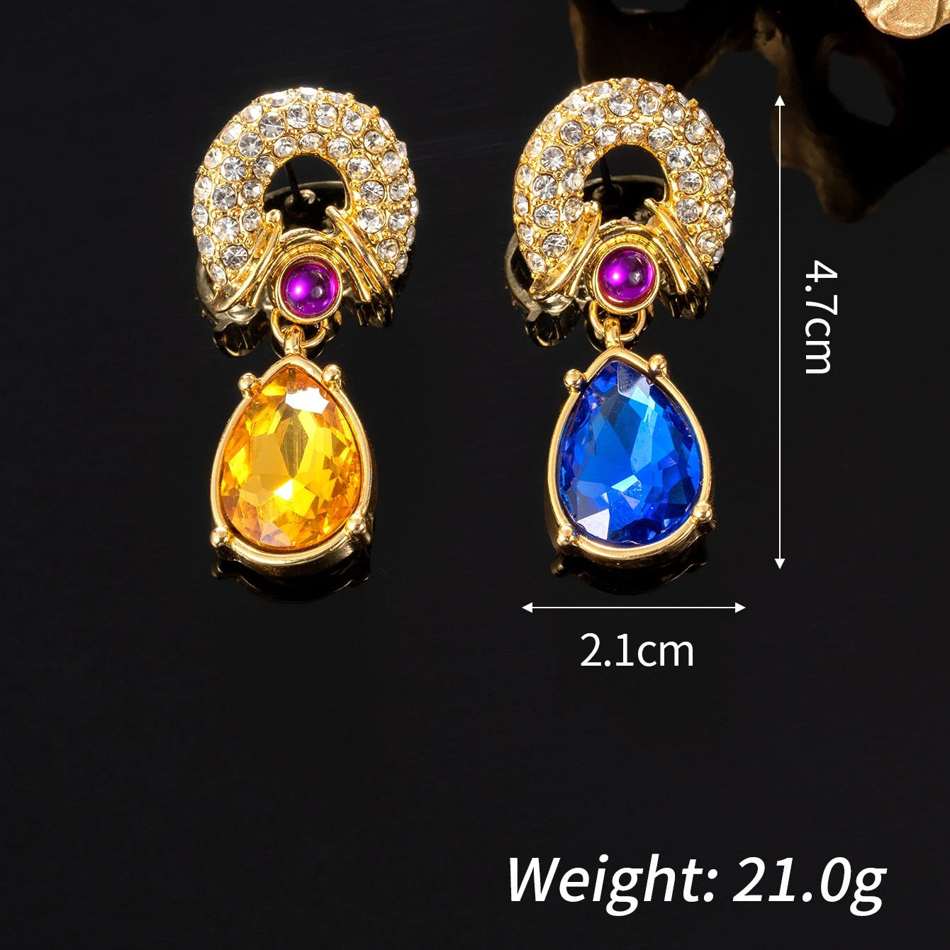 Dreamcatcher teardrop earrings size chart, 4.7cm x 2.1cm dimensions, 21g per pair, 18K gold-plated