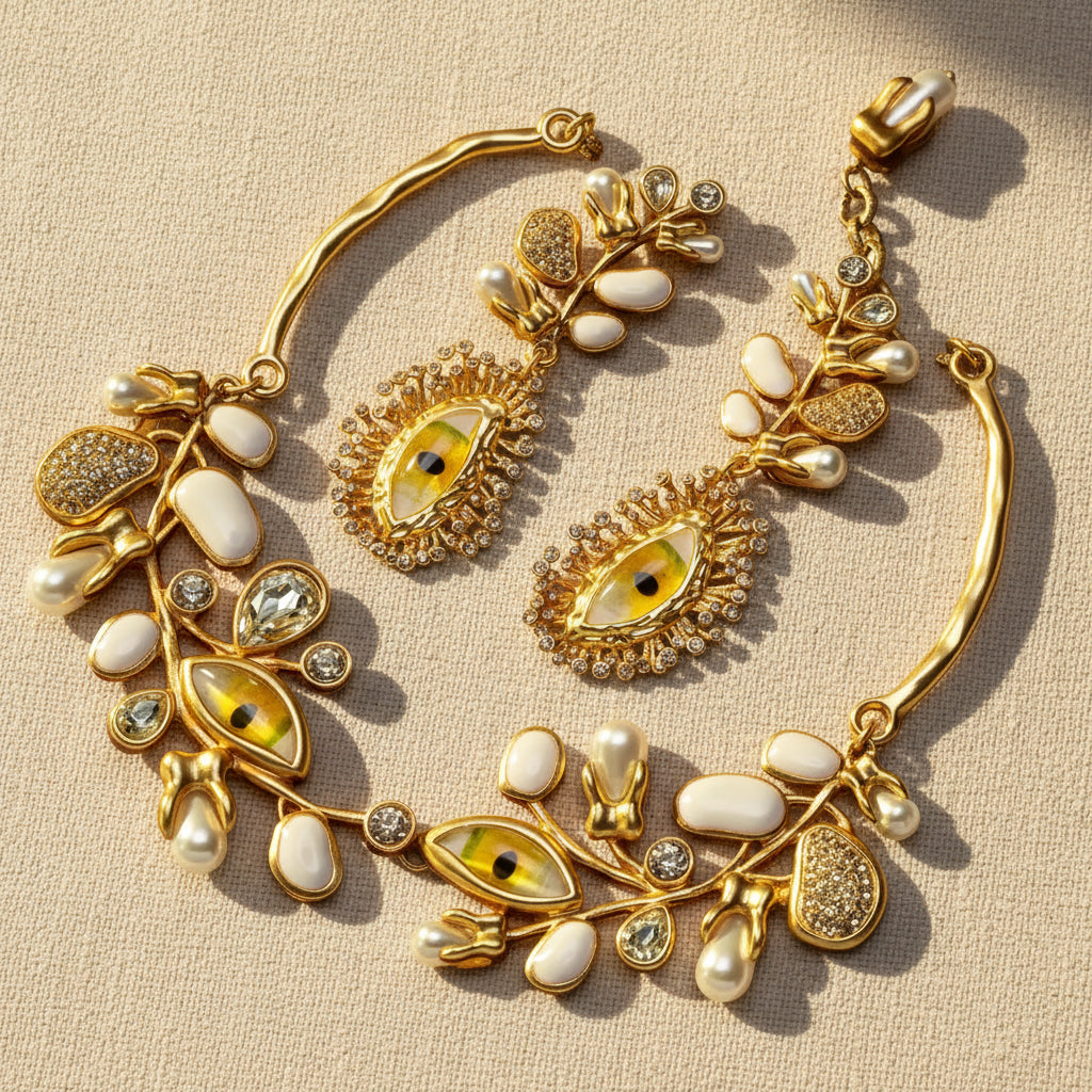 Evil Eye Leaf Necklace and Earrings Set full view, vintage gold tone with baroque pearl