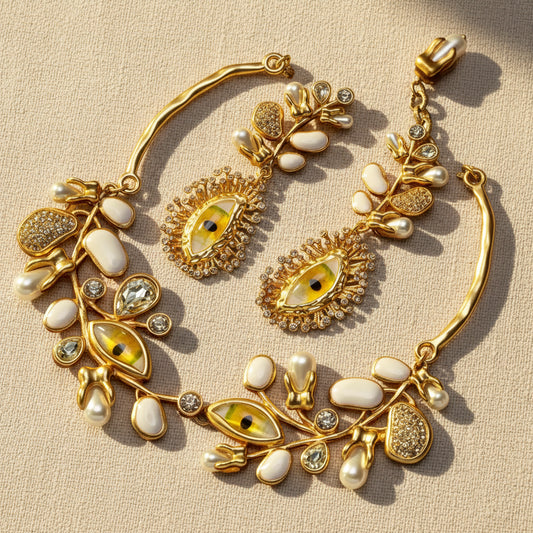 Evil Eye Leaf Necklace and Earrings Set full view, vintage gold tone with baroque pearl