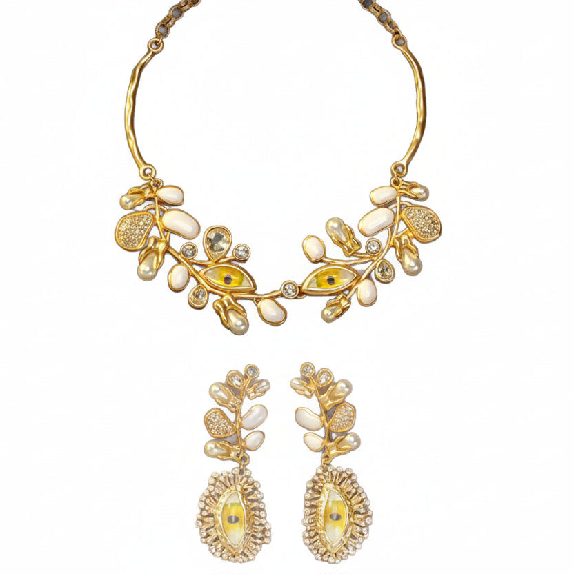 Evil Eye Leaf Necklace and Earrings Set arranged vertically, full view on white background
