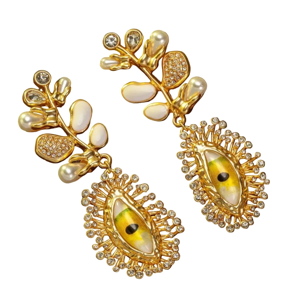 Evil Eye Leaf Earrings close-up detail showing leaf design and baroque pearl drops