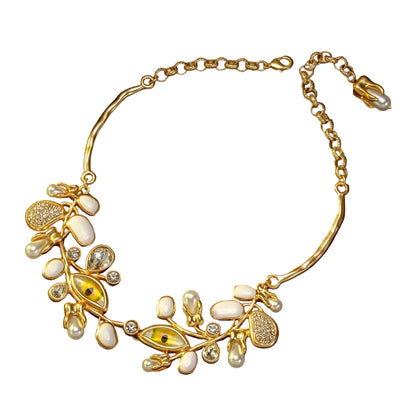 Evil Eye Leaf Necklace full view, vintage gold tone with baroque pearl