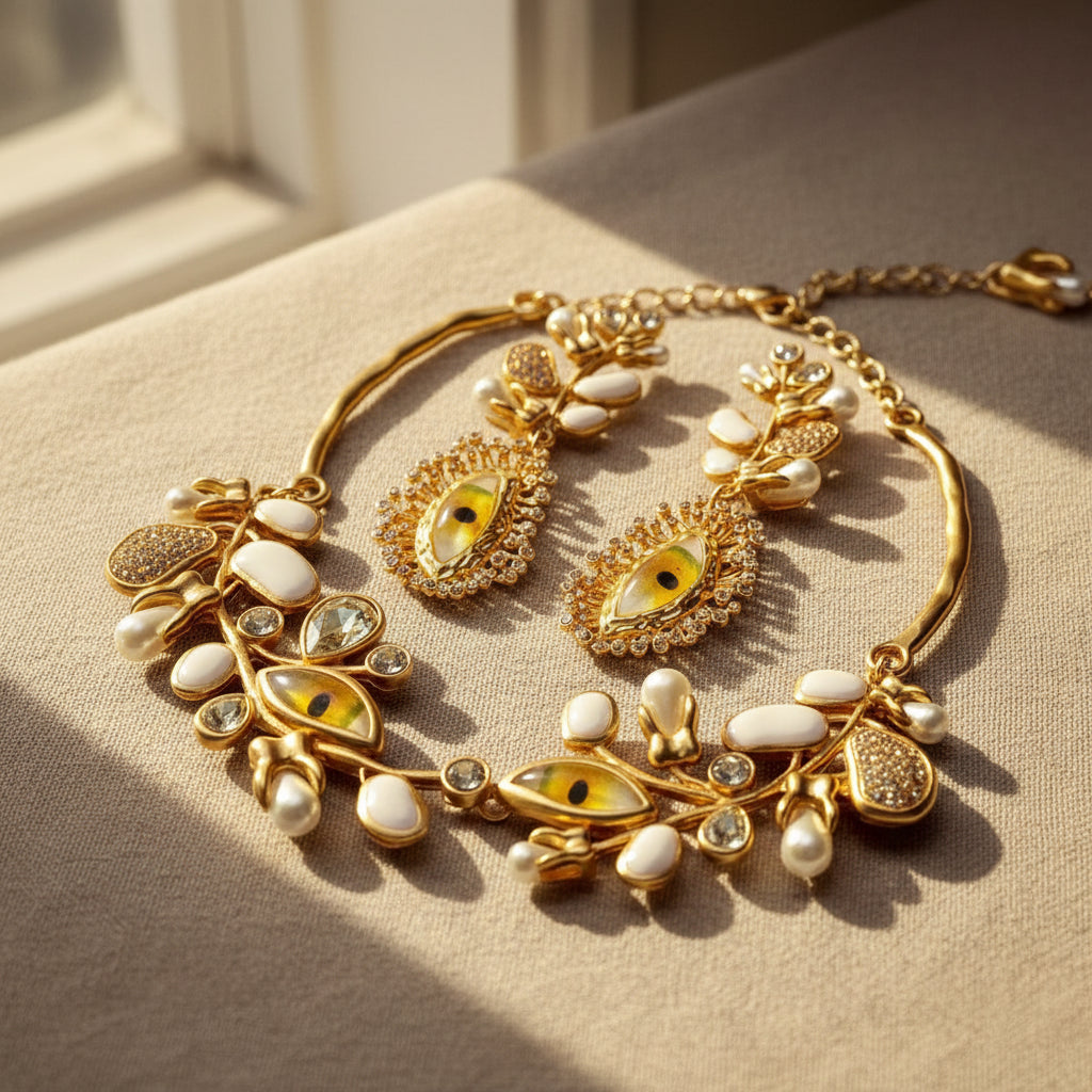 Evil Eye Leaf Jewelry Set styled on wooden table background, close-up detail