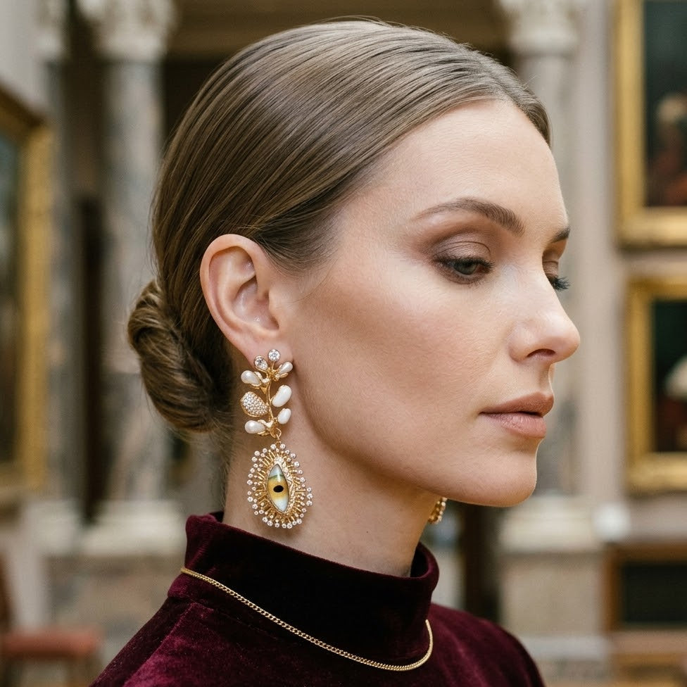 Evil Eye Leaf Jewelry Set worn on model...