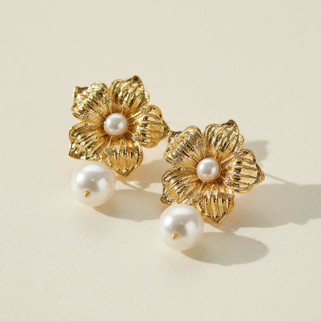Vintage-style detailed gold filigree flower and pearl stud earrings.