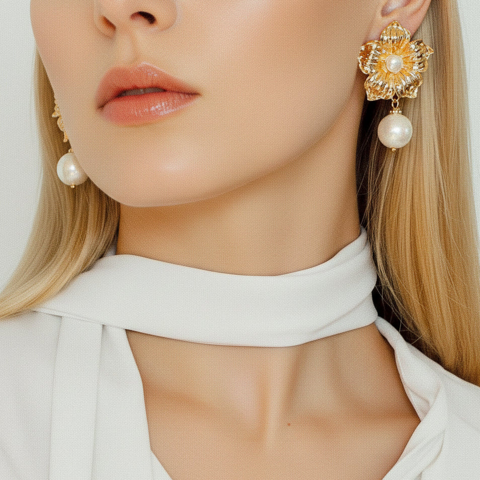 Model wearing statement gold textured flower and pearl earrings, facing forward.