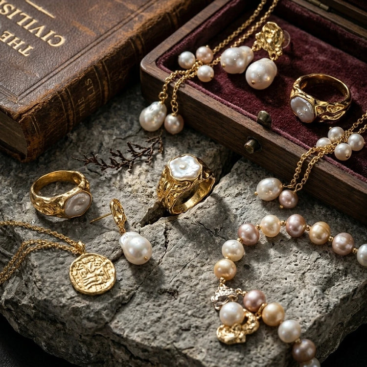 Natural baroque pearl earrings, rings, and necklaces displayed on stone surface by The Civilis