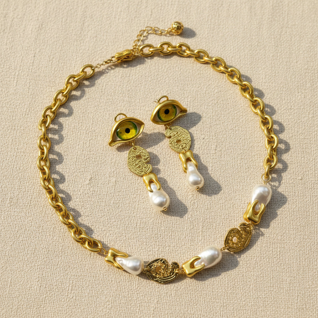 Devil's Eye Gothic Jewelry Set full view showing necklace and earrings, antique gold tone