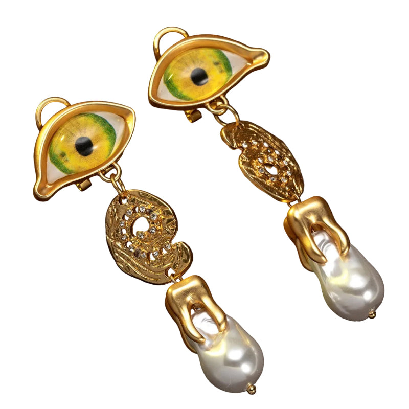 Devil's Eye Gothic Earrings full view, antique gold tone with crystal accents