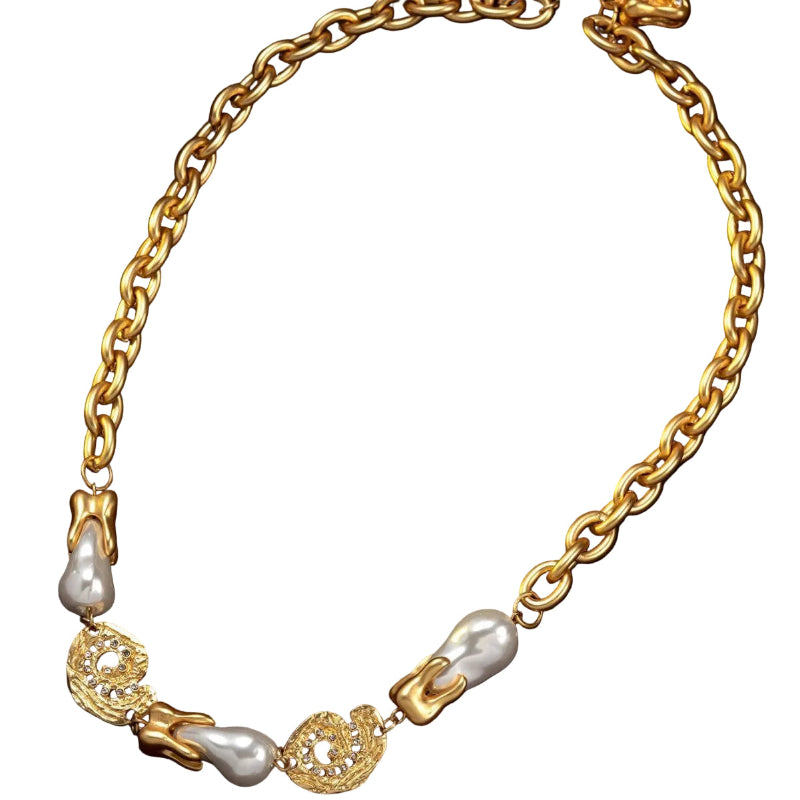 Devil's Eye Gothic Necklace full view, antique gold tone with baroque pearl drop