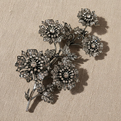 Vintage Victorian Style Floral Bouquet Brooch in Antiqued Silver with Crystal Pave.