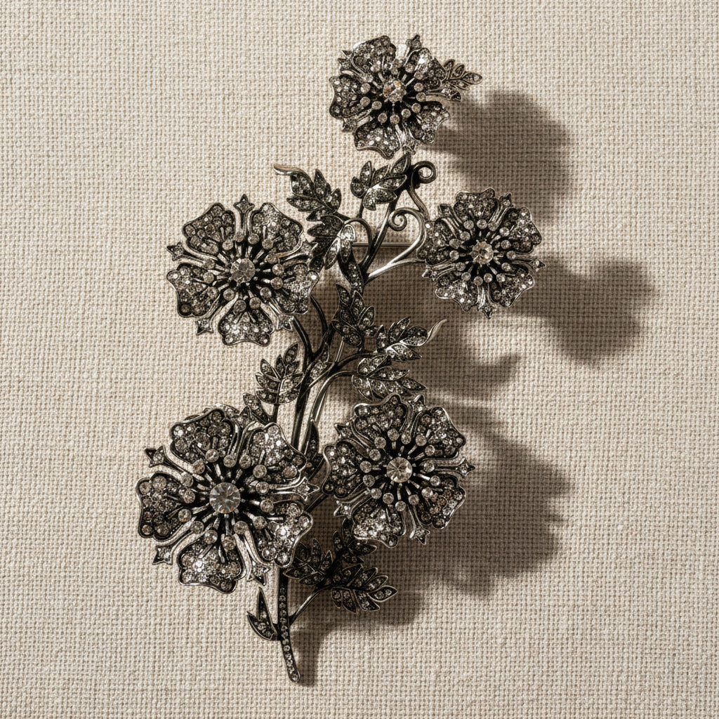 Detailed Close-up of Silver Floral Corsage with Dramatic Shadows on Natural Linen.